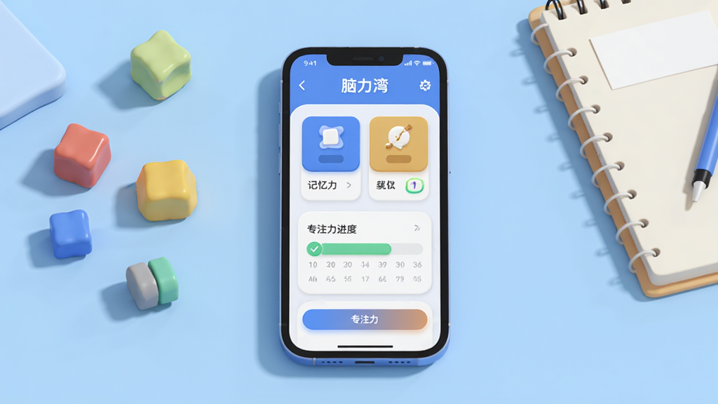 画面主体为一部智能手机,屏幕上显示脑力湾APP的训练界面,界面中包含记忆力卡片和专注力进度条等元素。手机放置在浅蓝色桌面上,旁边散落着几颗彩色小方块和一本笔记本。整体布局居中,排版简洁,风格采用扁平化3D插画风,细节上手机边缘有柔和阴影,屏幕内文字清晰显示“脑力湾”字样。画质高清,画面干净,无多余元素。