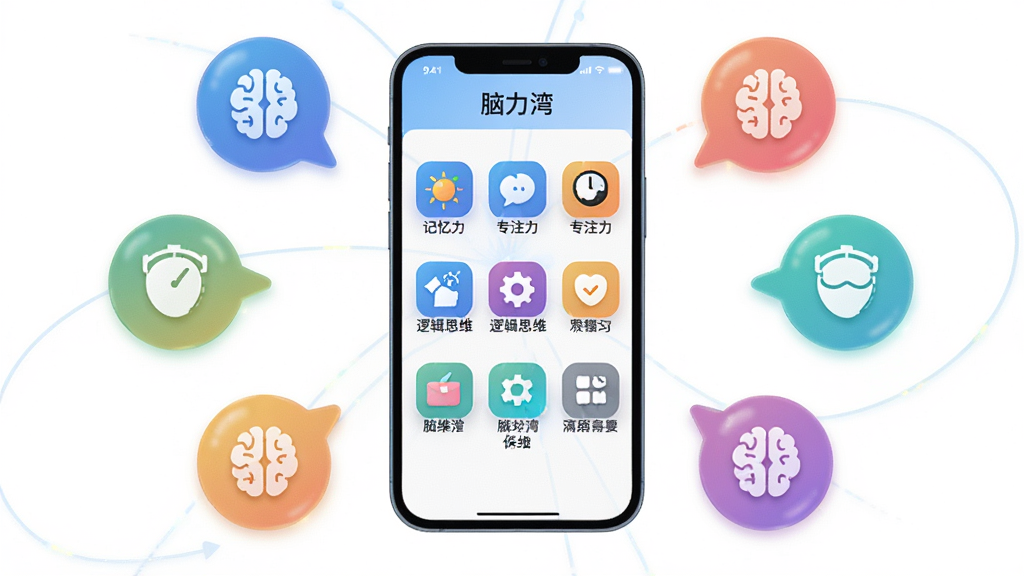 画面主体为脑力湾APP的功能模块选择界面,以九宫格形式展示记忆力、专注力、逻辑思维等图标。手机悬浮在画面中央,周围环绕着代表不同能力的彩色气泡图标。布局采用中心辐射式排版,风格为科技感扁平插画,细节上每个图标都有微妙的渐变和发光效果,界面顶部显示“脑力湾”名称。画质清晰,画面干净,无多余元素。