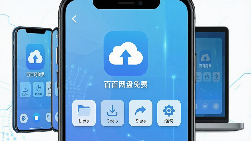 一张展示手机和电脑双端同步的云存储应用界面截图,画面中央是名为“百百网盘免费”的APP图标,图标下方排列着文件上传、下载、分享、备份四个功能按钮,背景为浅蓝色科技感渐变,风格简洁扁平化,细节清晰,画质干净,无多余元素