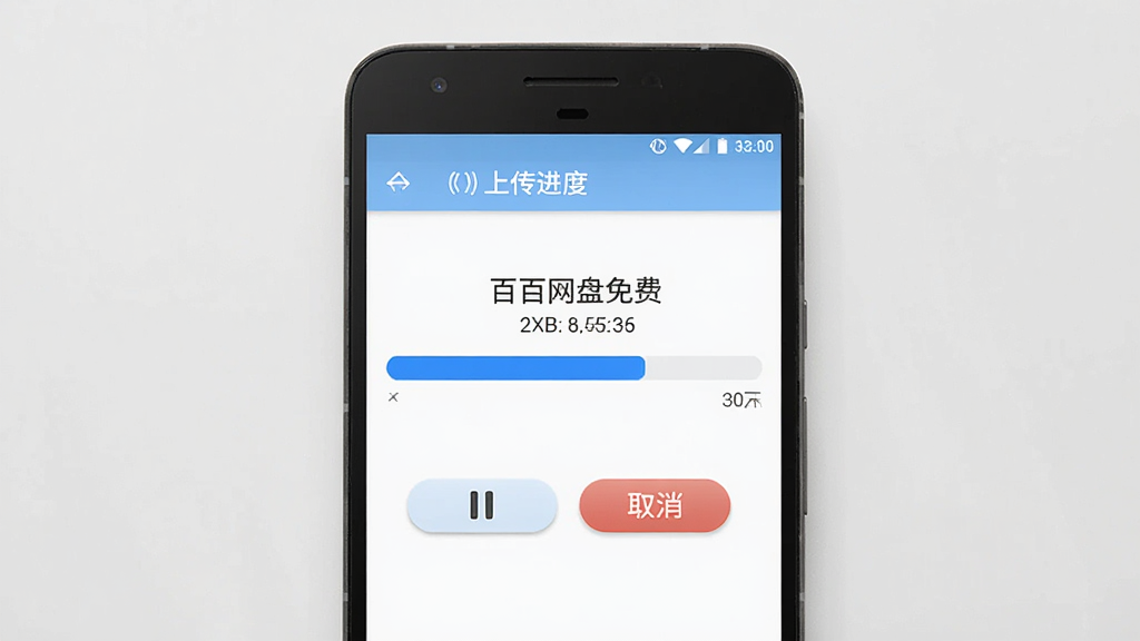 一部安卓手机屏幕显示“百百网盘免费”的上传进度条界面,进度条为蓝色,上方有文件名称和大小,下方有暂停和取消按钮,画面布局简洁,风格为扁平化移动端设计,细节清晰,画质干净,无多余元素