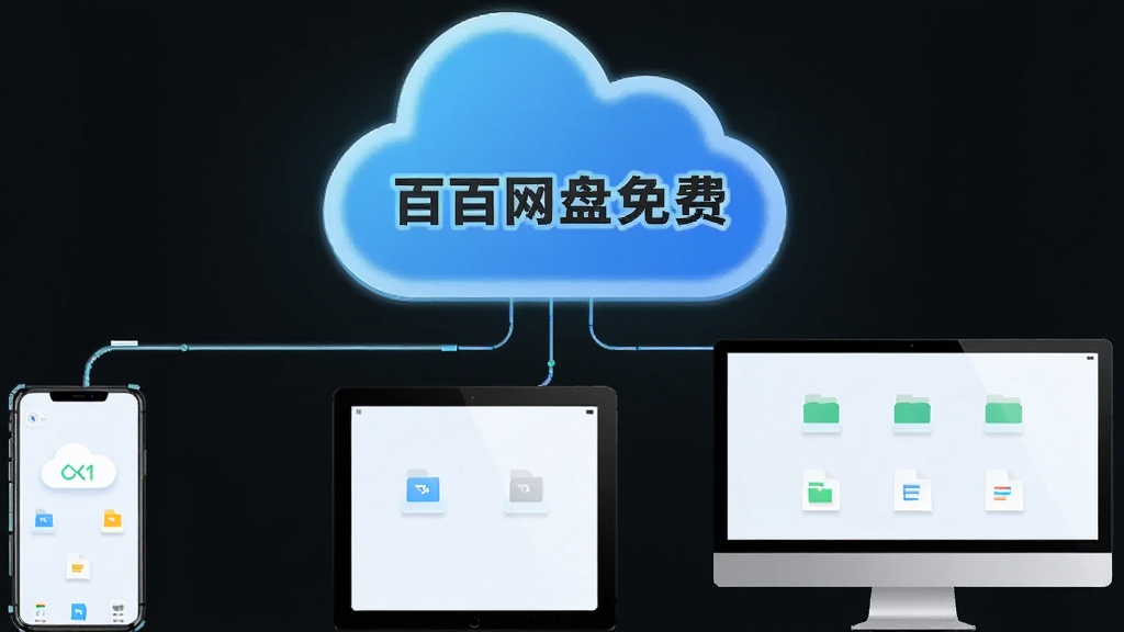 画面主体是一个发光的云朵图标,云朵下方连接着手机、平板、电脑三种设备,云朵内部显示“百百网盘免费”字样,布局居中对称,风格为科技简约风,细节包括设备屏幕上的文件小图标,画质清晰干净,无多余元素