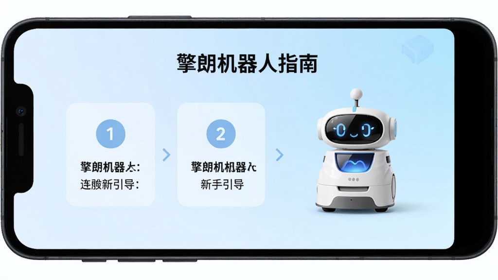 一部安卓手机屏幕上显示擎朗机器人APP的新手引导页面,页面中有清晰的步骤提示和机器人图标,背景为淡蓝色渐变,画面风格清爽友好,文字标注“擎朗机器人”使用指南,高清画质,无杂乱元素