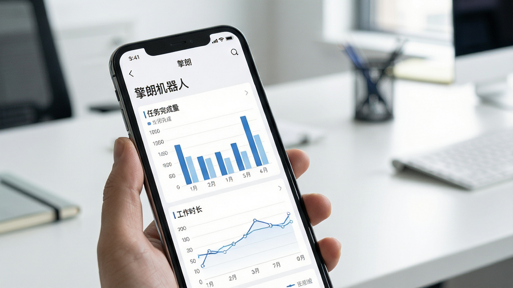 手机屏幕展示擎朗机器人APP的数据统计页面,柱状图和折线图清晰呈现任务完成量与工作时长,背景为简洁的办公室桌面,画面风格商务清新,文字标注“擎朗机器人”数据报表,高清画质,无杂乱元素