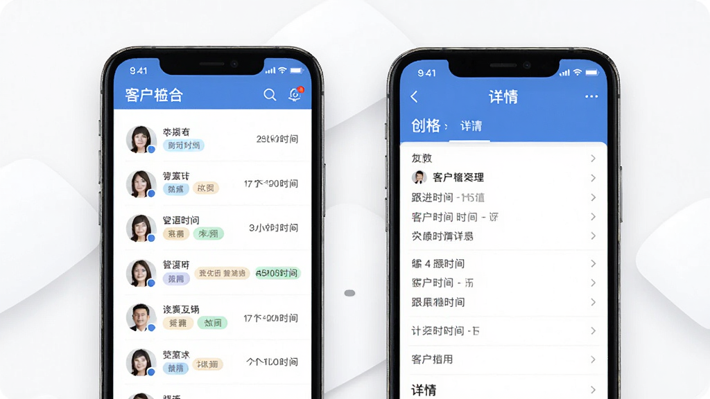 创格客户档案管理界面展示图,画面中一部手机展示客户列表与详情页,布局为左右分栏,风格为清新商务风,细节包含头像、标签、跟进时间等元素,画质高清,干净无多余元素
