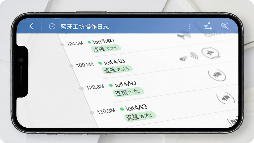 蓝牙工坊操作日志界面展示,主体为手机屏幕显示按时间排列的蓝牙连接记录列表,布局为纵向时间轴形式,排版整洁,风格为极简商务风,细节包括时间戳、设备名称、连接状态标签,画质高清,干净,无多余元素
