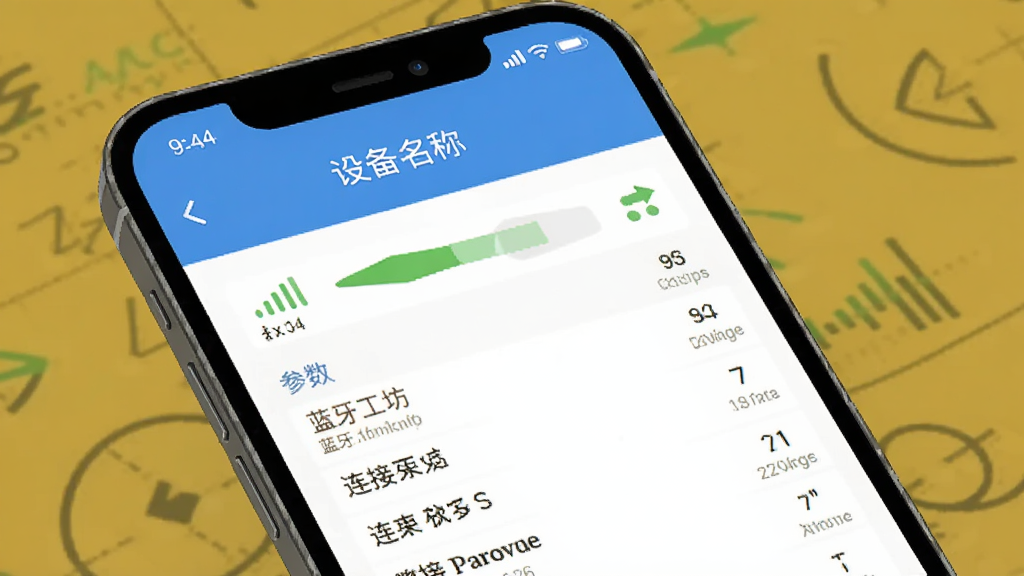 蓝牙工坊核心功能展示图,主体为手机屏幕显示蓝牙设备详细信息页面,布局为上方设备名称下方参数列表,排版清晰,风格为扁平化设计,细节包括信号强度条、连接状态图标、参数文字,画质高清,干净,无多余元素