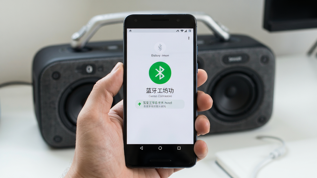 蓝牙工坊新手使用场景图,主体为手持安卓手机显示蓝牙连接成功界面,布局为手机屏幕居中,排版简洁,风格为生活化实拍感,细节包括蓝牙音箱在背景中、绿色连接成功提示,画质高清,干净,无多余元素