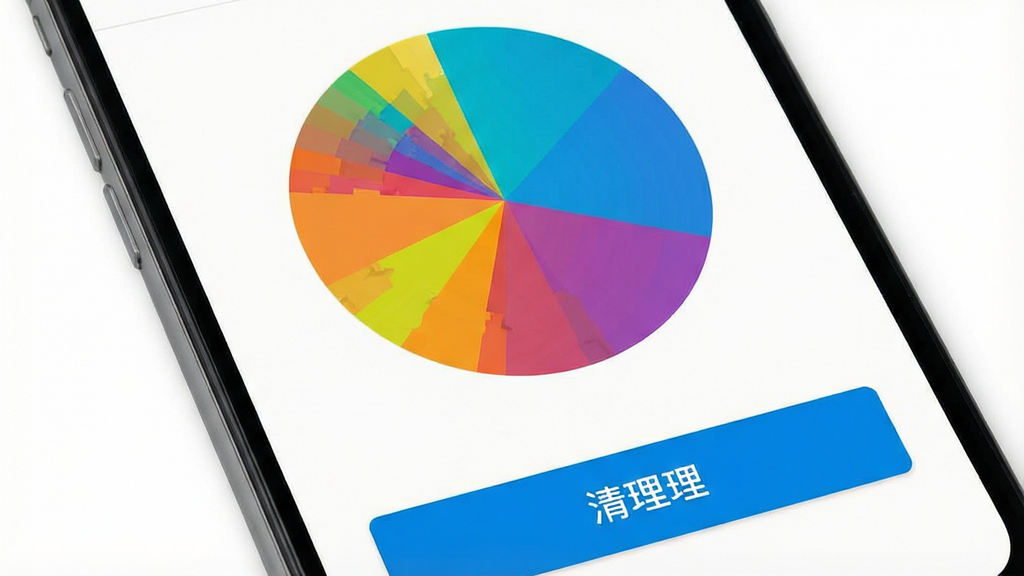 一张展示100G软件存储管理功能的图片,主体为手机屏幕特写,屏幕显示彩色存储空间分布饼状图与清理按钮,布局为上下结构,上方为图表下方为操作按钮,风格为清爽扁平化设计,细节上图表颜色鲜明有层次感,背景为纯白色,画质高清,干净,无多余元素