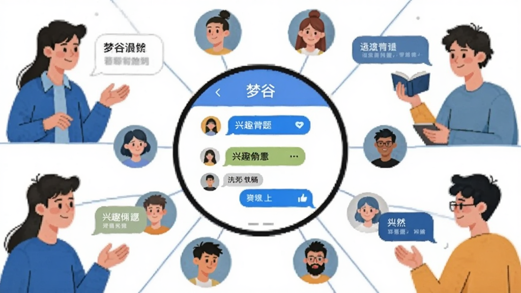 一张AI生成的社交场景插图,画面主体是多位年轻人围绕