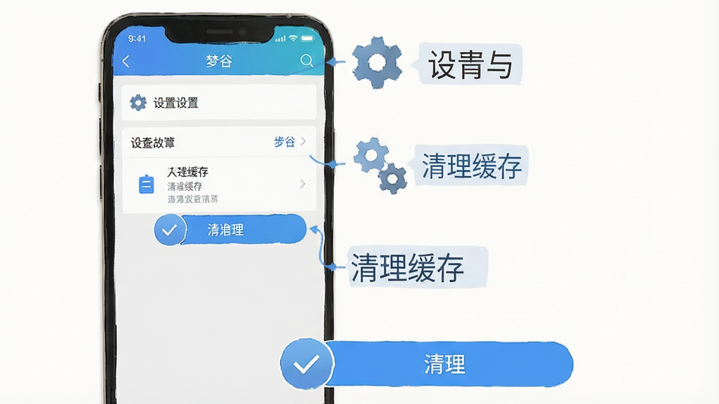 一张手机应用故障排查流程图,画面主体是手机屏幕显示
