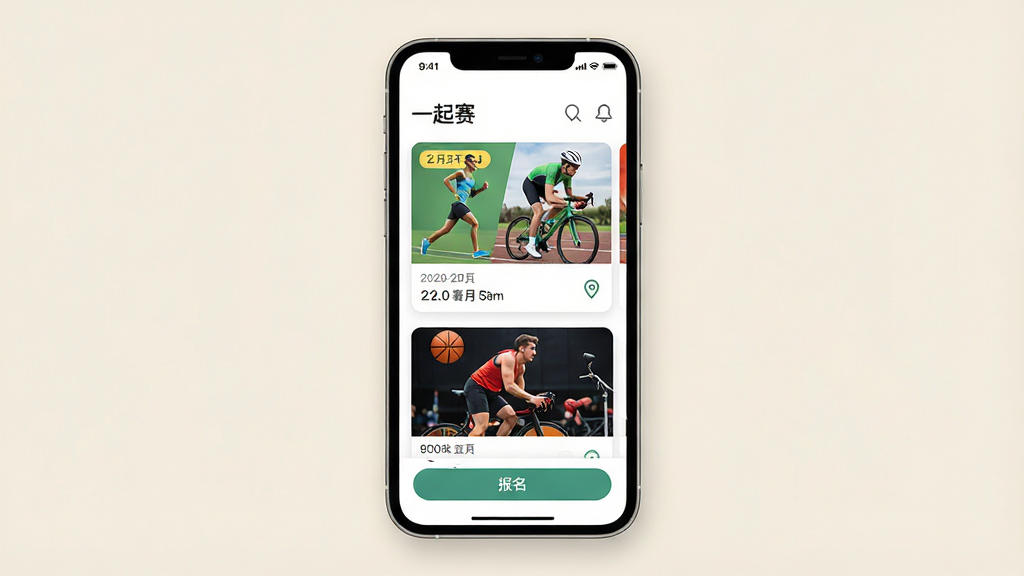 一张手机屏幕展示运动赛事报名应用的界面,主体是一部竖屏智能手机,布局为手机居中放置于浅色背景上,排版为手机屏幕内显示“一起赛”应用首页,包含跑步、骑行、篮球等赛事卡片与报名按钮,风格为现代扁平化UI设计,细节包括清晰的活动封面图、日期标签、地点图标,画质高清、干净、无多余元素