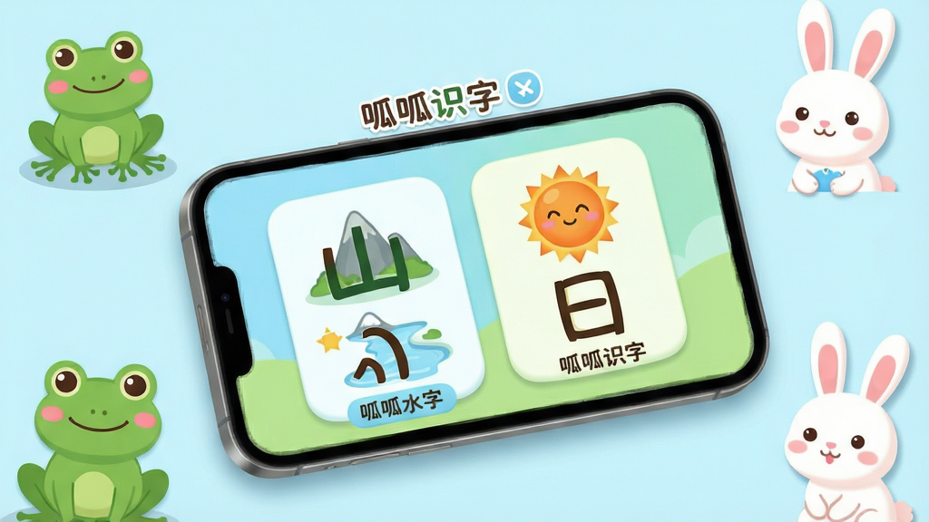 呱呱识字儿童早教APP主界面展示,画面中央放置一部智能手机,手机屏幕内呈现卡通风格的识字卡片界面,包含汉字“山”“水”“日”和对应的象形图案,界面色彩明快柔和,以浅蓝和嫩绿为主色调,周围散落可爱的卡通动物形象如小青蛙、小兔子,布局采用居中构图,手机略微倾斜增加立体感,排版突出屏幕内的APP界面细节,风格为清新扁平化插画,细节包括圆润的图标、柔和的阴影和清晰的文字标签“呱呱识字”,画质高清,画面干净,无多余杂乱元素