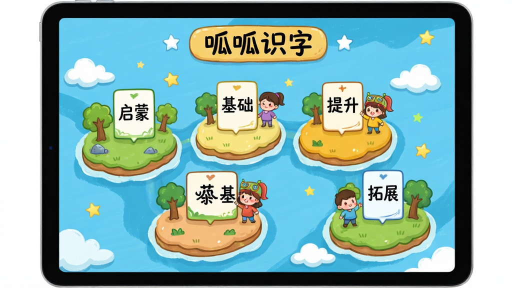 呱呱识字课程分级界面展示,画面主体为一部平板电脑,屏幕内显示色彩缤纷的课程地图,地图上分布着“启蒙”“基础”“提升”“拓展”四个岛屿区域,每个岛屿上有对应的汉字卡片和卡通角色,整体布局采用对角线构图,风格为卡通手绘插画,细节包括岛屿上的小树、云朵、星星装饰,文字标签“呱呱识字”置于屏幕顶部,画质清晰明亮,画面干净整洁,无多余元素