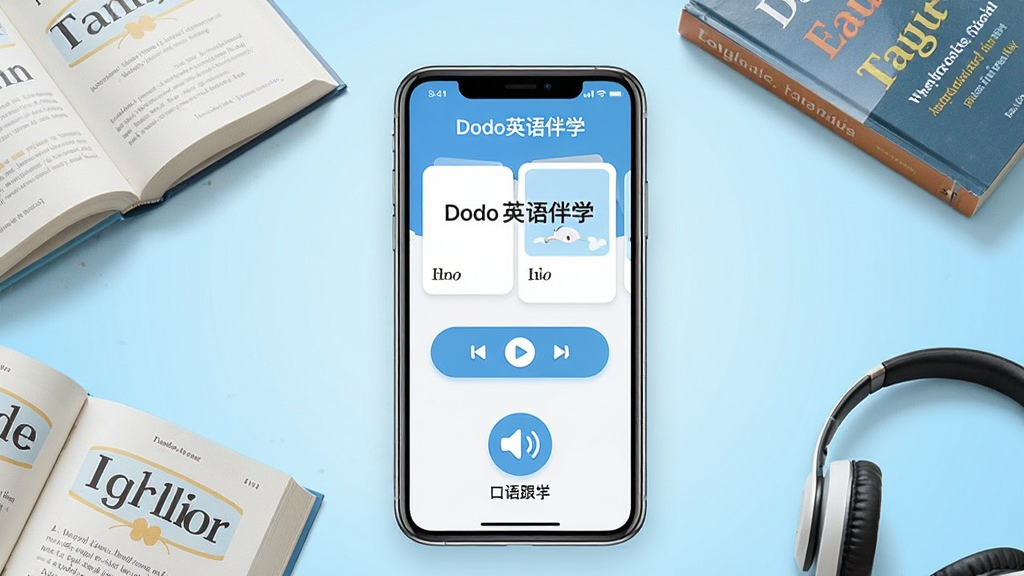 一张展示Dodo英语伴学手机应用主界面的场景图,画面中央是一部竖直放置的智能手机,手机屏幕内显示“Dodo英语伴学”应用首页,页面包含单词卡片、听力播放按钮和口语跟读图标,手机周围散落着几本英语书籍和一副耳机,背景是浅蓝色渐变,整体风格清新明快,画质清晰,干净无多余元素