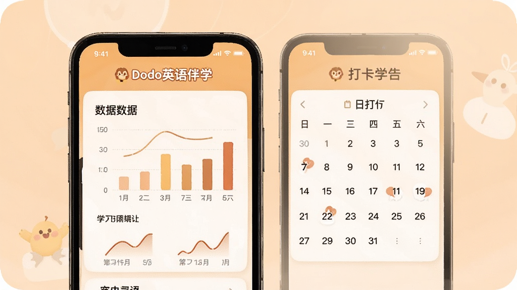 一张Dodo英语伴学学习进度追踪功能的界面图,手机屏幕显示学习数据图表和打卡日历,屏幕上有“Dodo英语伴学”标识,背景是浅橙色,风格温暖,画质清晰,干净无多余元素