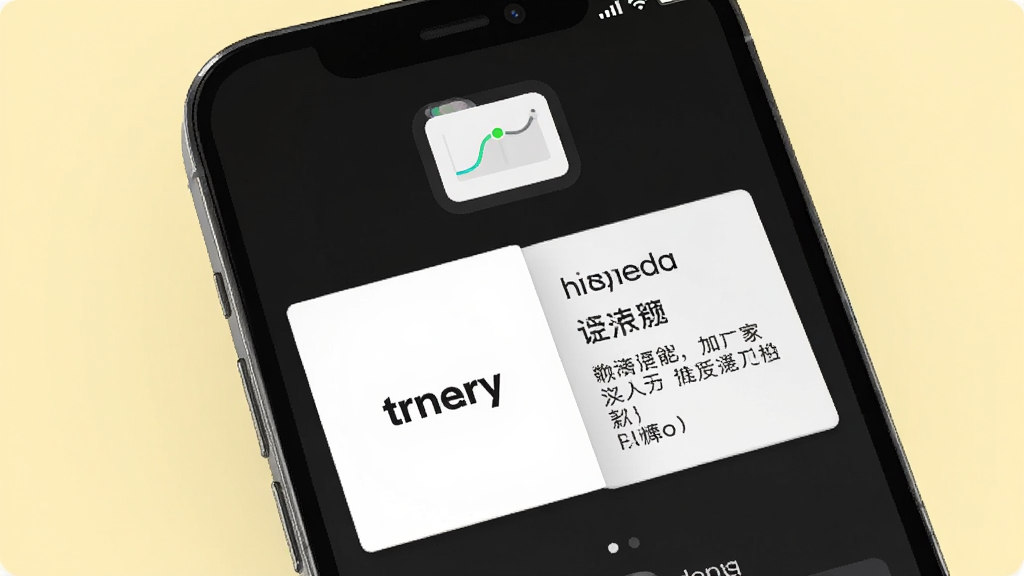 一张Dodo英语伴学智能词汇记忆功能的界面示意图,画面中手机屏幕显示单词卡片翻转动画,卡片正面是英文单词,背面是中文释义和例句,屏幕上方有记忆曲线小图标,背景是淡黄色,风格简洁现代,画质清晰,干净无多余元素