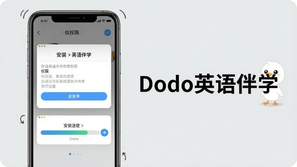 一张展示Dodo英语伴学新手安装设置流程的示意图,画面中手机屏幕显示权限设置界面和安装进度条,屏幕旁边有“Dodo英语伴学”文字标识,背景是浅灰色,风格简洁,画质清晰,干净无多余元素