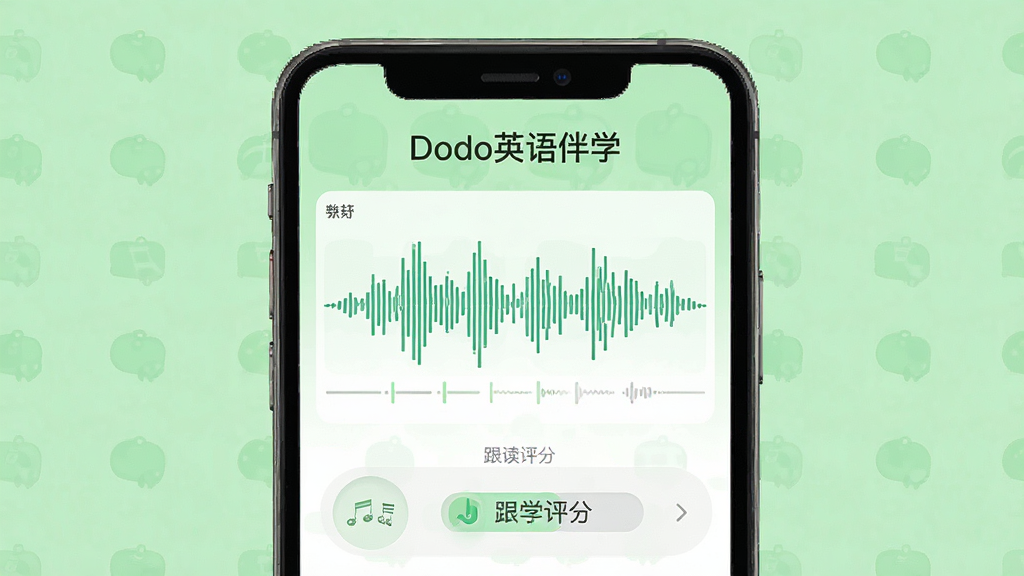 一张Dodo英语伴学听力跟读训练功能的界面展示图,手机屏幕内显示音频波形图和跟读评分界面,屏幕上有“Dodo英语伴学”文字标识,背景是浅绿色,风格清爽,画质清晰,干净无多余元素