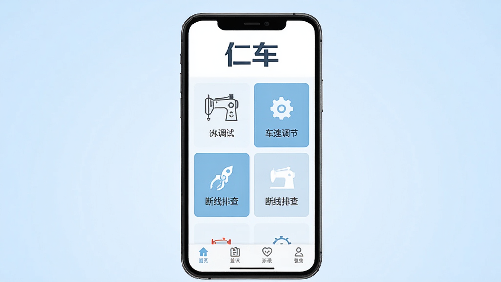 仁车软件主界面预览图,画面中央展示一部智能手机,手机屏幕上呈现仁车APP的首页布局,顶部有仁车文字标识,中部排列缝纫机调试、车速调节、断线排查等功能卡片,底部为导航栏,背景为浅蓝色渐变,风格简洁清爽,细节清晰,画质干净,无多余元素,适合软件下载站展示