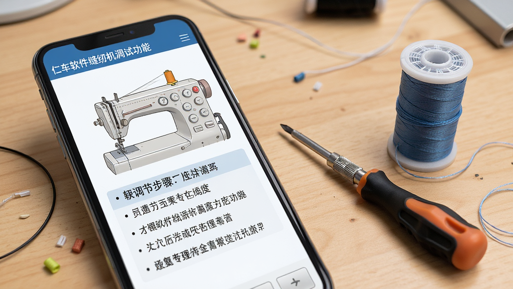 仁车软件缝纫机调试功能界面,画面展示手机屏幕中显示缝纫机结构示意图与调节步骤文字说明,屏幕旁边放置一把小螺丝刀和一卷缝纫线,背景为整洁的工作台面,风格写实清晰,细节丰富,画质干净,无多余元素