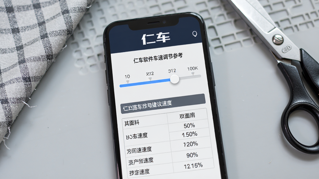 仁车软件车速调节参考页面,手机屏幕显示速度档位滑块与不同面料对应的建议速度表格,屏幕上方有仁车标识,背景为浅灰色工作台,旁边放着一块布料和剪刀,风格简约实用,画质清晰,无多余元素