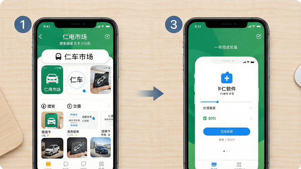 仁车软件手机端安装步骤示意图,画面展示手机屏幕上从应用市场搜索仁车到完成安装的流程截图,每一步有数字标注,背景为浅色桌面,风格清晰简洁,画质干净,无多余元素