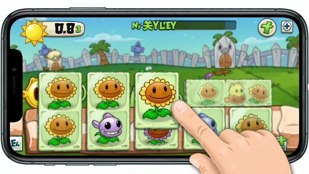 植物大战僵尸3新手操作界面截图,画面展示手机屏幕上植物选择栏和关卡进度,手指正在点击向日葵卡片进行种植,阳光数量显示在左上角,界面简洁明了,整体风格卡通清新,细节清晰,画质干净,无多余元素