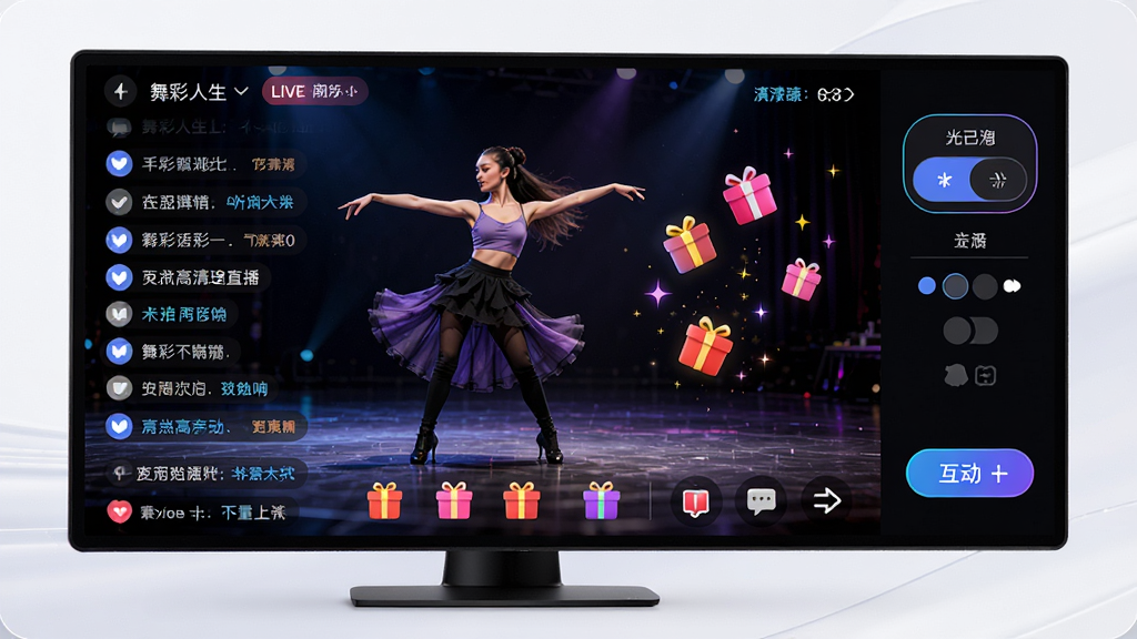 舞彩人生高清直播功能展示图,画面主体为一个大屏幕播放界面,屏幕中显示舞蹈直播画面,屏幕下方有弹幕滚动和礼物图标,屏幕右侧有清晰度切换按钮和互动按钮,整体布局为横向宽屏样式,风格科技感十足,细节包括弹幕文字、礼物特效、清晰度标识,画质高清,干净无多余元素