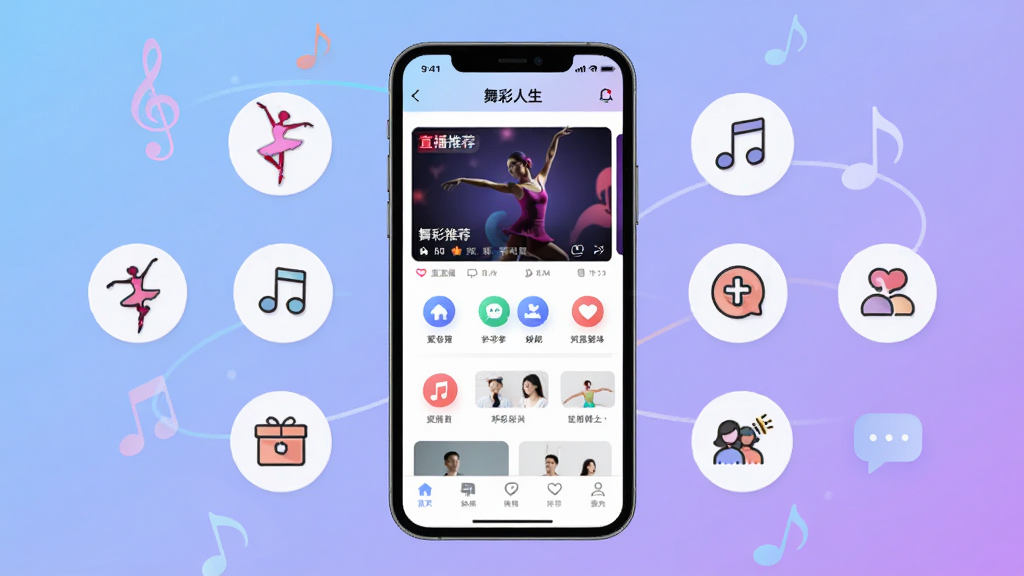 舞彩人生APP主界面展示图,画面中央是一部智能手机,手机屏幕上显示舞彩人生应用的首页界面,包含直播推荐位、功能图标和底部导航栏,手机周围环绕着舞蹈、音乐、社交互动等元素图标,背景为柔和的蓝紫色渐变,整体风格清新现代,布局居中对称,细节清晰,画质高清,干净无多余元素