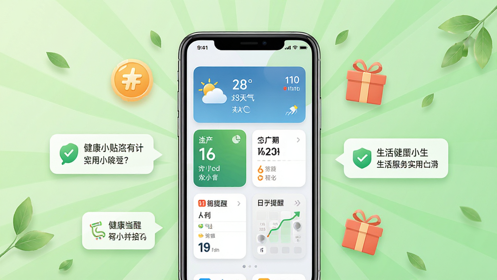 舞彩人生生活服务与实用工具展示图,画面中央是一部手机,手机屏幕上显示天气、计步、日程提醒等卡片式功能模块,手机周围漂浮着积分图标、礼物盒、健康小贴士气泡等元素,背景为浅绿色渐变,布局为居中放射状,风格清新自然,细节包括卡片内容、图标样式、气泡文字,画质高清,干净无多余元素