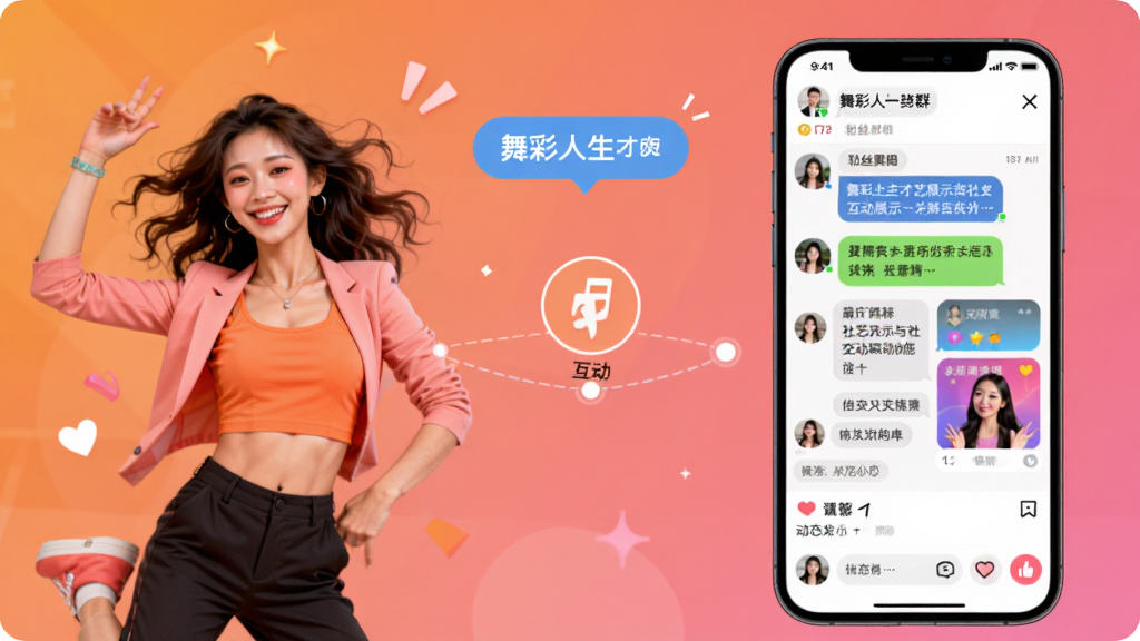 舞彩人生才艺展示与社交互动功能展示图,画面左侧是一位正在跳舞的主播形象,右侧是手机界面显示粉丝群组聊天和动态发布页面,中间有连接线表示互动关系,背景为温暖的橙粉色渐变,布局左右对称,风格活泼明快,细节包括主播动作、聊天气泡、动态卡片,画质高清,干净无多余元素