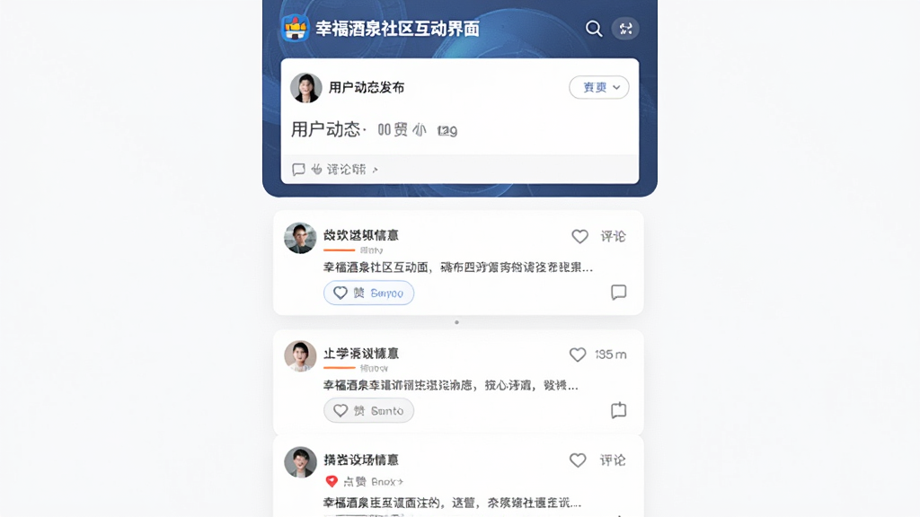 主体为幸福酒泉社区互动界面,布局上方为用户动态发布框,下方为信息流卡片列表。排版采用纵向滚动式布局,风格为社交化简约设计,细节包含点赞评论图标与用户头像,画质清晰,画面干净,无多余元素。