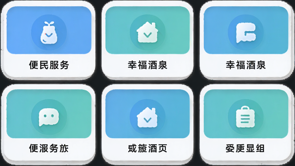 主体为幸福酒泉APP便民服务页面,布局为九宫格功能图标矩阵,每个图标下方标注服务名称。排版规整,风格为圆角卡片式设计,细节包含柔和阴影与统一配色,画质高清,画面干净,无多余元素。