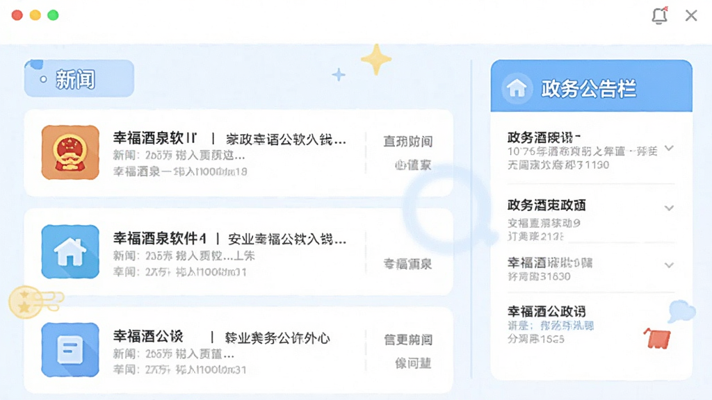 主体为幸福酒泉软件界面截图风格插画,布局左侧为新闻列表卡片,右侧为政务公告栏。排版采用上下分栏结构,风格为清爽扁平化设计,细节包含图标与文字排版整齐,画质清晰,画面干净,无多余元素。
