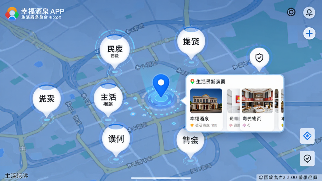 主体为幸福酒泉APP生活服务聚合页面,布局以地图为底图叠加周边商家气泡标记。排版为全屏地图模式,风格为现代科技感,细节包含定位图标与商家卡片弹窗,画质高清,画面干净,无多余元素。