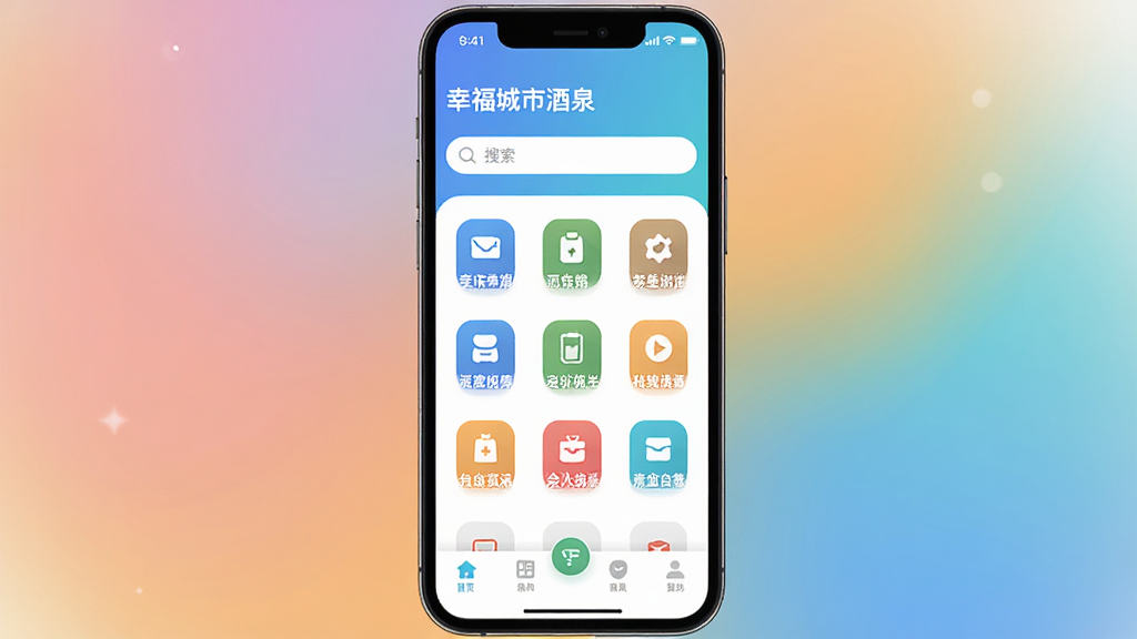 主体为一部智能手机屏幕,屏幕内展示幸福酒泉APP的首页界面,布局包含顶部城市名称酒泉与搜索栏、中部功能图标网格、底部导航栏。排版居中对称,风格为现代扁平化科技感,细节包含柔和渐变背景与简洁图标,画质高清,画面干净,无多余元素。