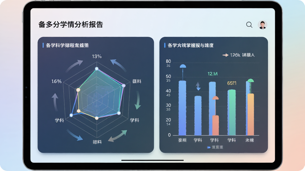 备多分学情分析报告页面,画面为平板或手机屏幕显示雷达图与柱状图,展示各学科掌握程度,背景为柔和渐变色调,风格专业且易读,细节包括数据标签、趋势箭头与总结文字,画质高清,无杂乱元素。