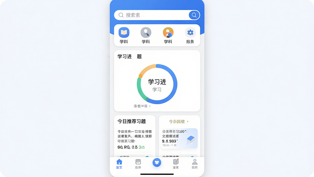 备多分软件主界面展示,画面中央为备多分APP的首页截图,上方有搜索栏与学科分类图标,中部显示学习进度环形图与今日推荐习题卡片,底部为导航栏。整体布局清晰,采用蓝白配色,风格简洁现代,细节包括圆角卡片、柔和阴影与扁平化图标,画质高清,干净无多余元素。