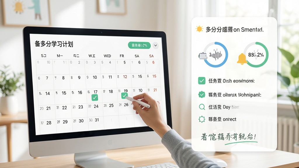 备多分学习计划设置界面,画面展示日历视图与任务清单,用户正在勾选完成项,背景为明亮室内环境,风格轻松有序,细节包括进度圆环、提醒图标与鼓励语,画质高清,无多余元素。
