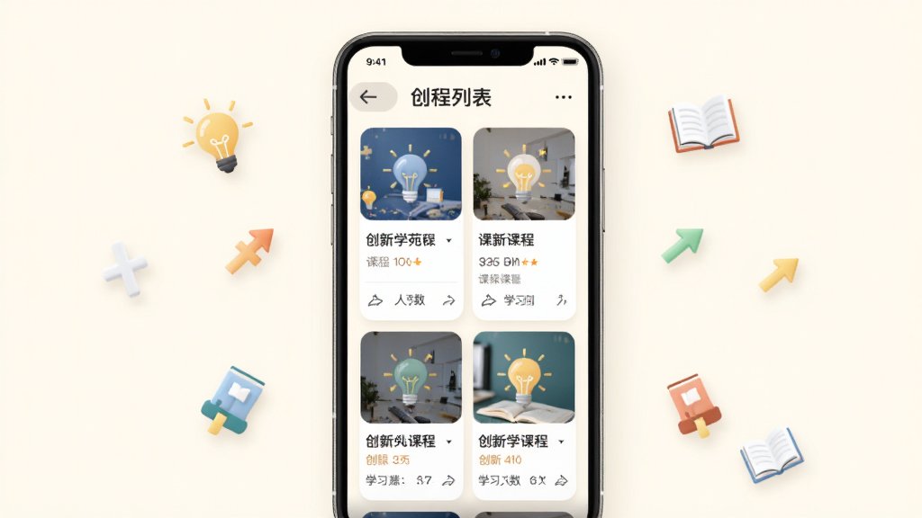 创新学苑APP课程列表页面,手机屏幕内展示多门创新课程卡片,卡片上有课程封面、标题与学习人数,背景为柔和的米白色,周围漂浮着轻量的图标元素如灯泡、书籍、箭头,整体布局整齐,风格简约清新,画质干净,无多余元素