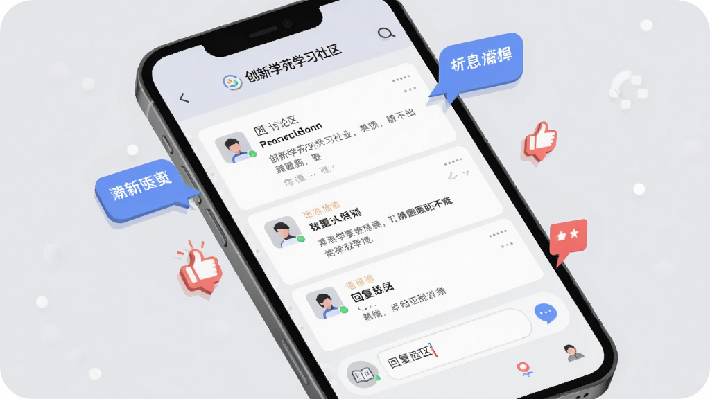 创新学苑学习社区互动界面,手机屏幕显示讨论区帖子列表与回复输入框,背景为浅灰色,画面中有对话气泡、点赞图标等装饰元素,风格扁平化,布局清晰,画质干净,无多余元素