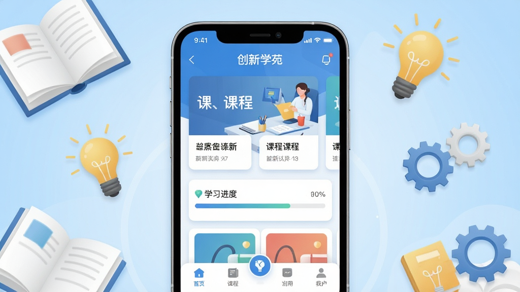 创新学苑手机应用主界面展示,画面中央放置一部智能手机,屏幕内呈现创新学苑APP的首页布局,包含课程卡片、学习进度条与底部导航栏,背景为简洁的浅蓝色渐变,周围点缀书本、灯泡、齿轮等学习与创新元素,整体风格清新现代,排版居中对称,细节清晰,画质干净,无多余元素