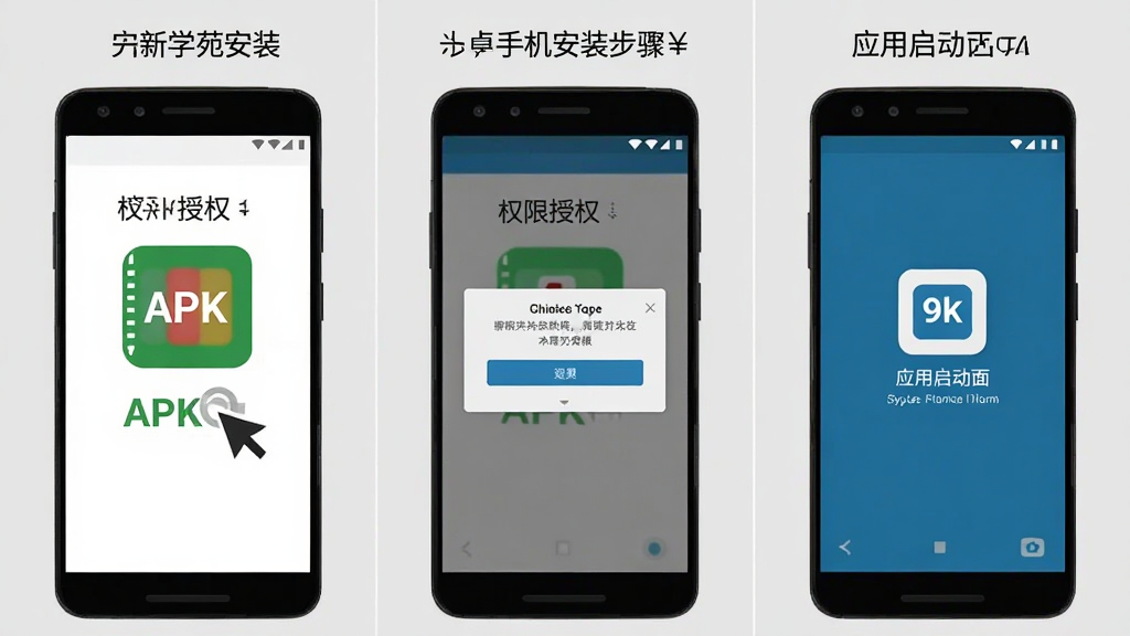 创新学苑安卓手机安装步骤示意图,画面分为三格,分别展示点击APK安装、权限授权弹窗、应用启动画面,背景为浅灰色,风格简洁教程风,布局横向排列,画质干净,无多余元素