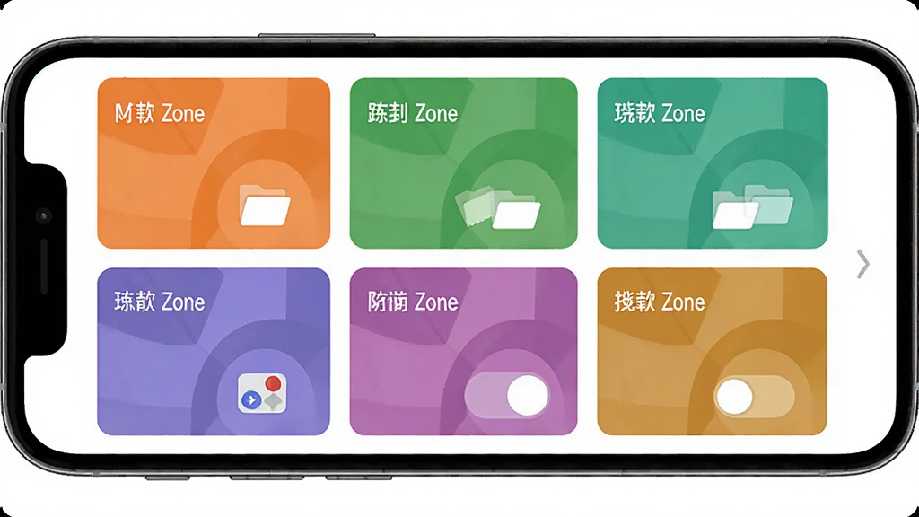 Mini Zone ���ܷ�����������չʾͼ������Ϊ�ֻ���Ļ��ʾ�����ɫ����ģ�飬����Ϊ�������У��Ű�Ϊ������Ƭʽ���֣����Ϊ�ִ���ƽ����ϸ�ڰ����������Ʊ�ǩ���ļ�ͼ�ꡢ�л���ť�����ʸ��壬�ɾ����޶���Ԫ��