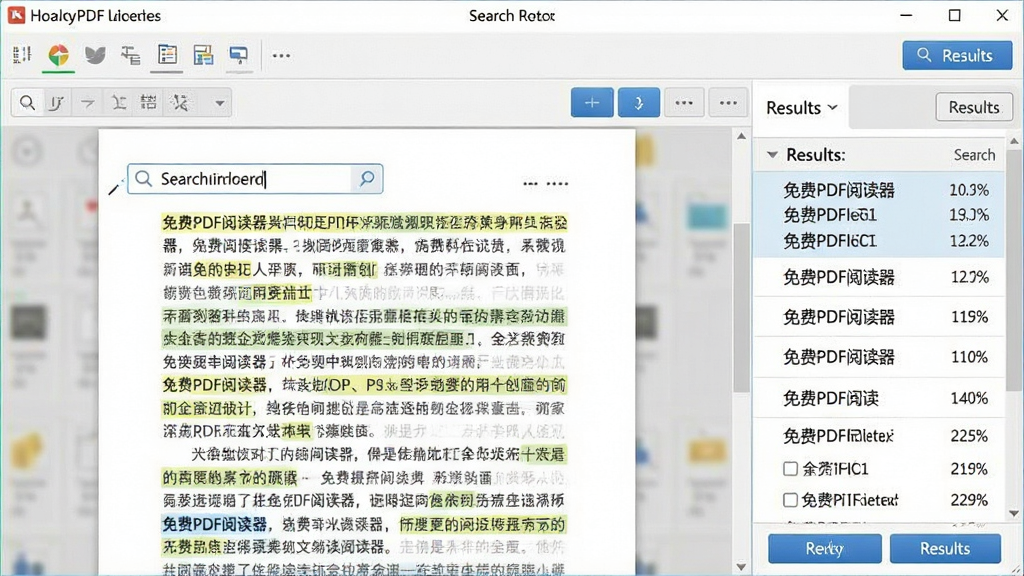 一张“免费PDF阅读器”全文检索功能展示图,画面中软件界面打开一份长文档,搜索框内输入了关键词,文档中多个位置被高亮标注,右侧有搜索结果列表,整体风格简洁办公,细节包括搜索框、高亮文字、结果导航按钮,画质清晰,干净,无多余元素