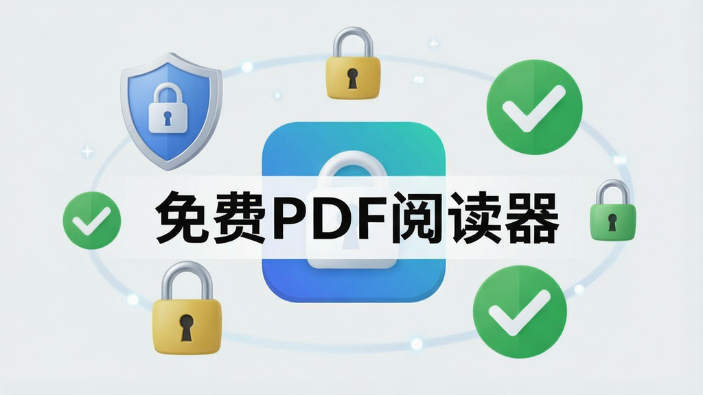 一张“免费PDF阅读器”安全纯净特性宣传图,画面中央是软件图标,周围环绕盾牌、锁、勾选标记等安全符号,背景为浅灰色,风格简约清新,细节包括盾牌图标、安全锁、绿色对勾,画质清晰,干净,无多余元素