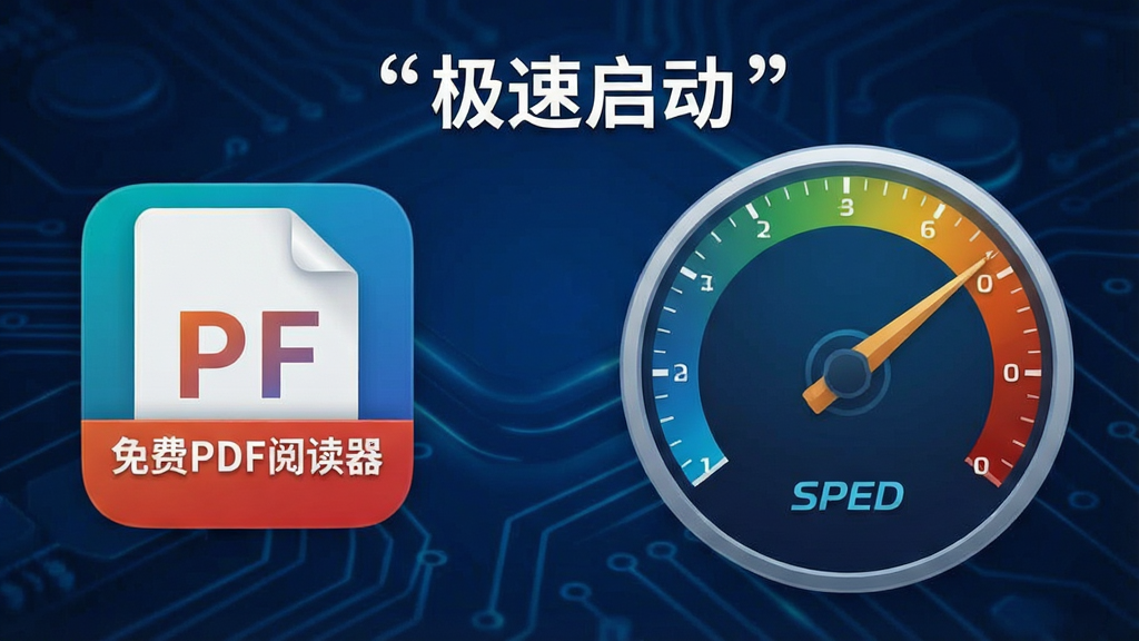 一张软件启动速度对比示意图,画面左侧是“免费PDF阅读器”图标,右侧是一个速度仪表盘,仪表盘指针指向高速区域,背景为深蓝色科技风格,画面中央用引号标注“极速启动”,细节包括软件图标、仪表盘刻度、速度线条,画质清晰,干净,无多余元素