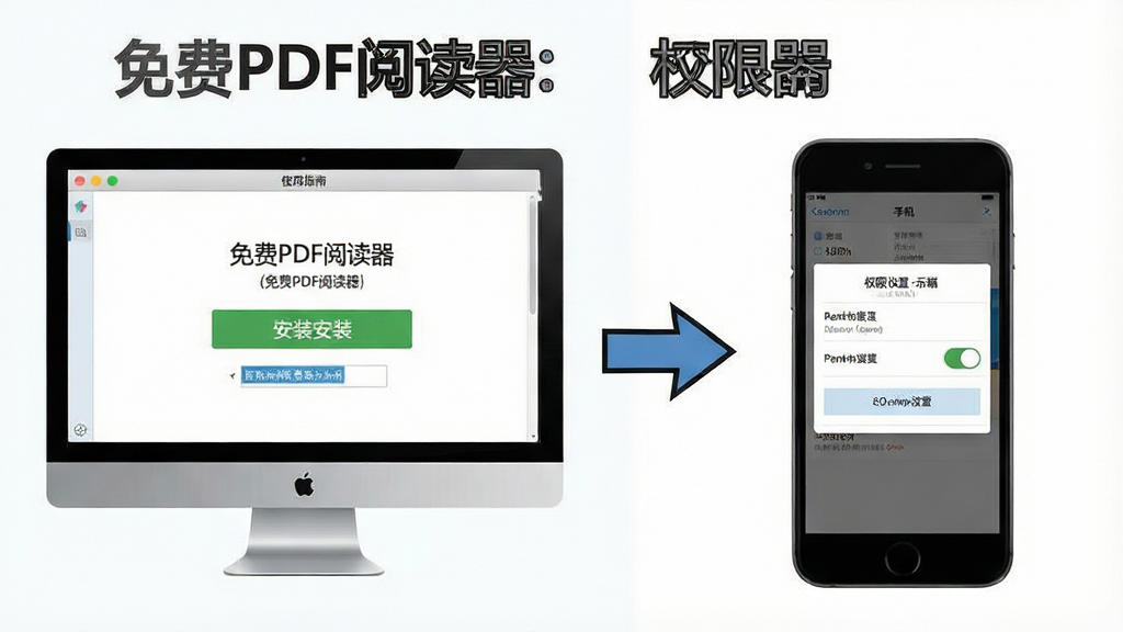 一张“免费PDF阅读器”使用指南示意图,画面分为左右两部分,左侧为电脑端安装界面,右侧为手机端权限设置界面,中间用箭头连接,风格简洁教程风,细节包括安装按钮、权限开关、箭头指示,画质清晰,干净,无多余元素