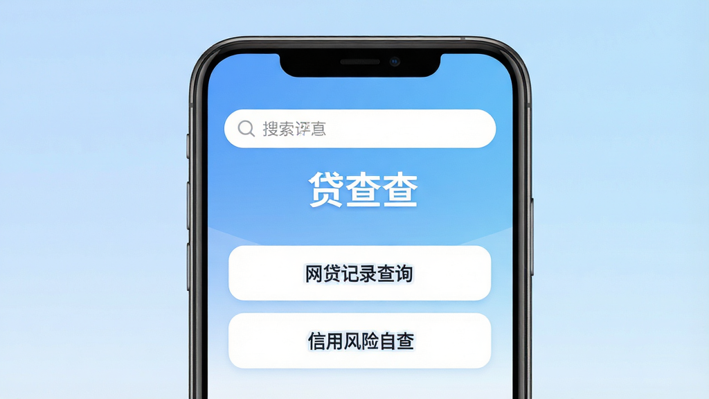 一张展示手机屏幕的图片,屏幕中央显示“贷查查”应用主界面,界面布局简洁,上方有搜索框,下方有“网贷记录查询”“信用风险自查”等功能按钮,背景为浅蓝色渐变,风格干净现代,细节清晰,画质高清,无多余元素