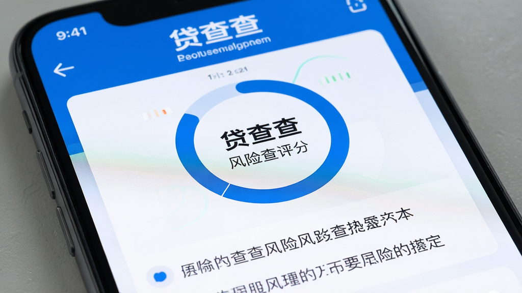 手机屏幕特写,显示“贷查查”的风险自查报告页面,页面中央有一个圆环形的风险评分图表,下方列出几条风险提示文字,整体配色为蓝色和白色,风格专业简洁,画质高清,细节丰富